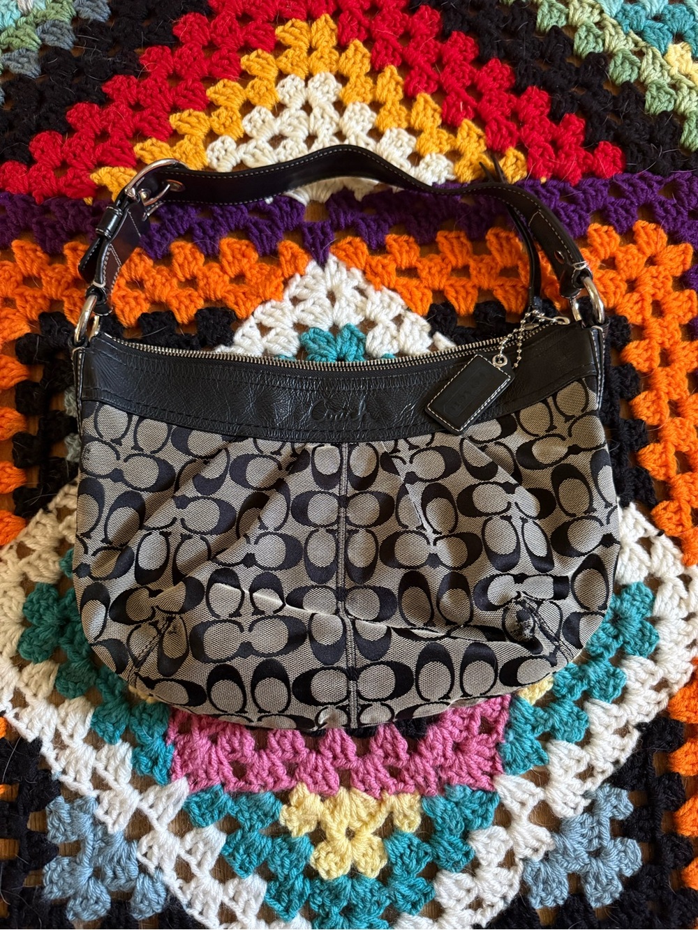 Coach Black and Khaki Signature Shoulder Bag